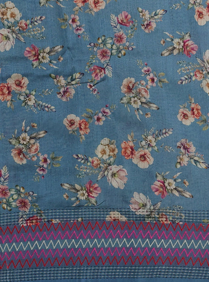 Peacock blue Tussar Printed Silk Saree