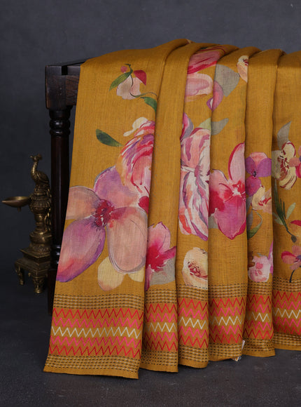 Dark Mustard Tussar Printed Silk Saree