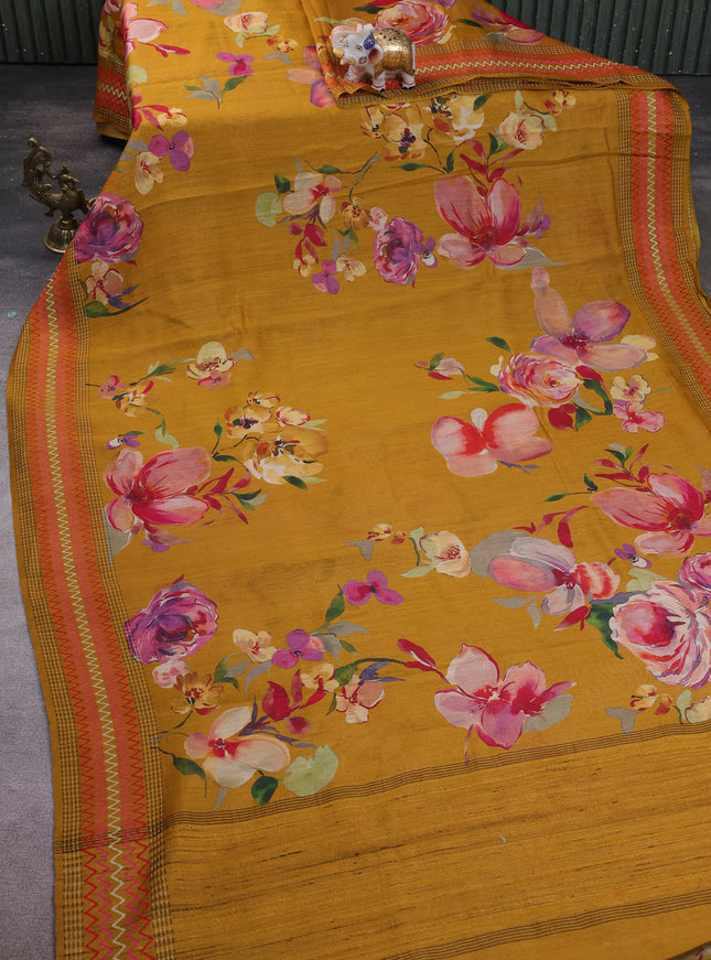 Dark Mustard Tussar Printed Silk Saree