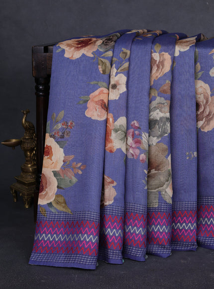 Blue Tussar Printed Silk Saree