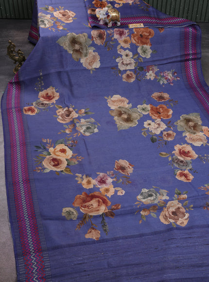 Blue Tussar Printed Silk Saree