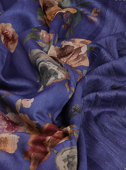 Blue Tussar Printed Silk Saree