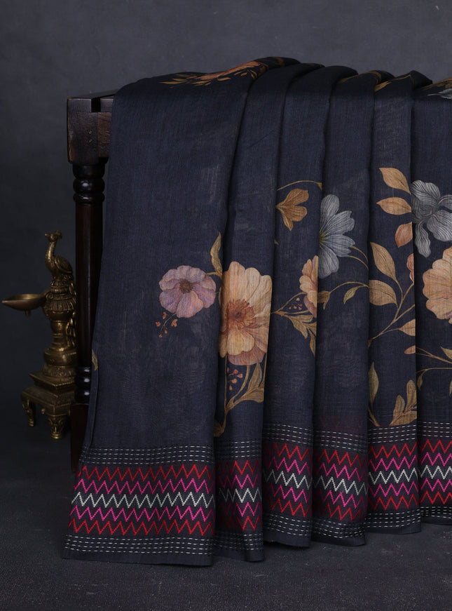 Black Tussar Printed Silk Saree