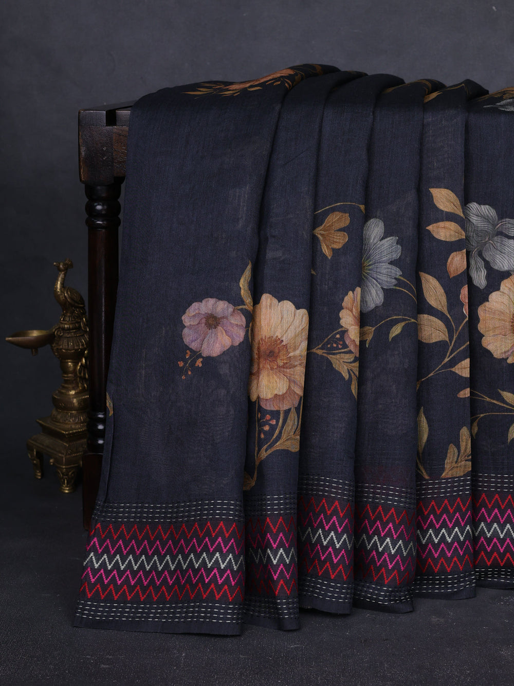 Black Tussar Printed Silk Saree