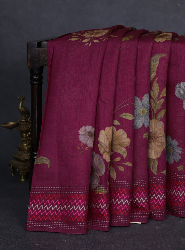 Maroon Tussar Printed Silk Saree