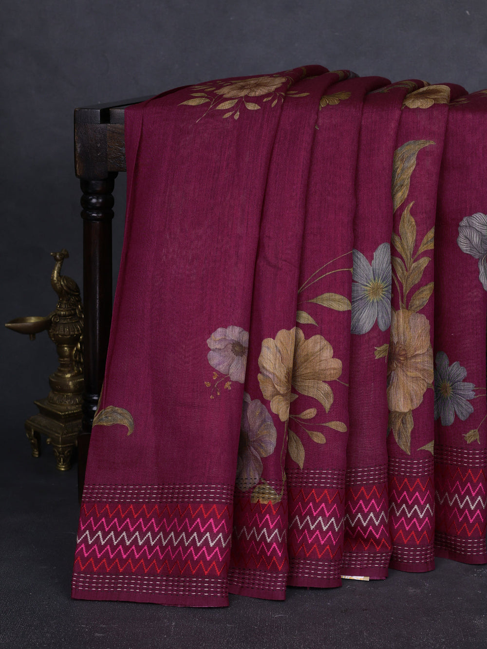 Maroon Tussar Printed Silk Saree