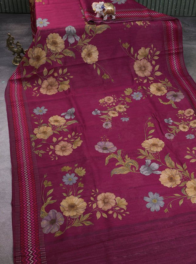 Maroon Tussar Printed Silk Saree