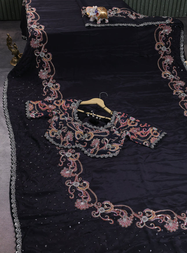 Black Crepe Sequin Embroidery With Readymade Blouse