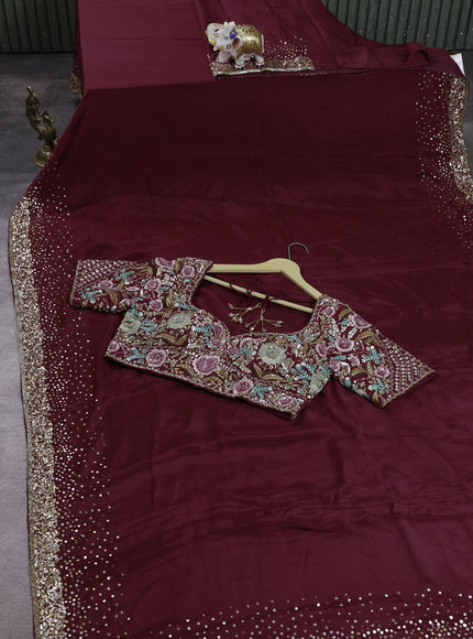 Deep Maroon Crepe Sequin Embroidery With Readymade Blouse