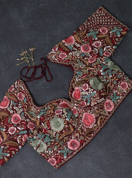 Deep Maroon Crepe Sequin Embroidery With Readymade Blouse