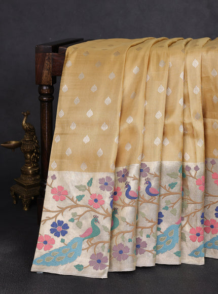 Gold - Cream Pure Kanchipuram Tissue Embroidery Silk Saree