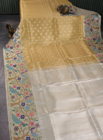 Gold - Cream Pure Kanchipuram Tissue Embroidery Silk Saree