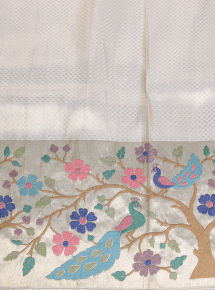 Gold - Cream Pure Kanchipuram Tissue Embroidery Silk Saree