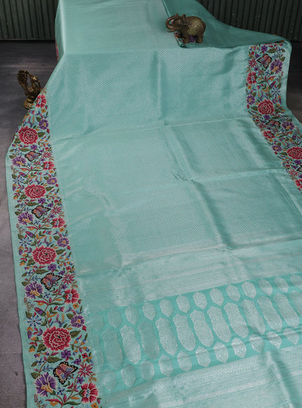 Turquoise Blue Pure Kanchipuram Tissue Embroidery Silk Saree