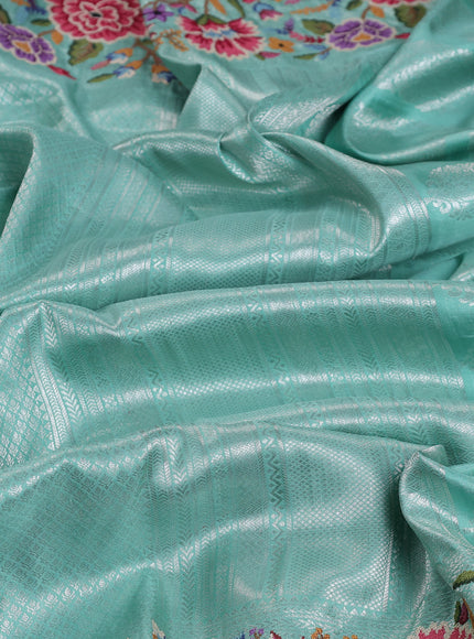 Turquoise Blue Pure Kanchipuram Tissue Embroidery Silk Saree