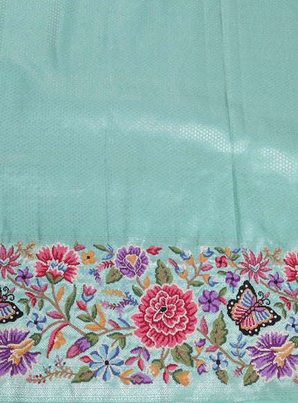Turquoise Blue Pure Kanchipuram Tissue Embroidery Silk Saree