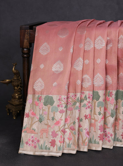 Peach - Cream Pure Kanchipuram Tissue Embroidery Silk Saree