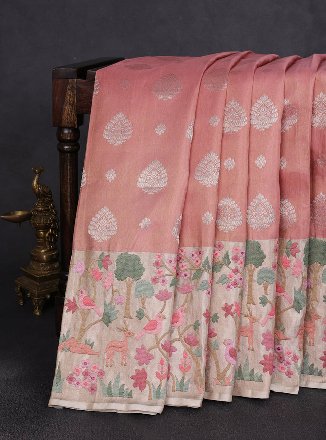 Peach - Cream Pure Kanchipuram Tissue Embroidery Silk Saree