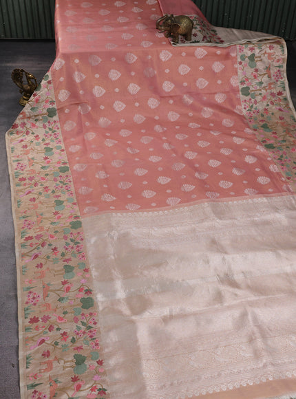 Peach - Cream Pure Kanchipuram Tissue Embroidery Silk Saree