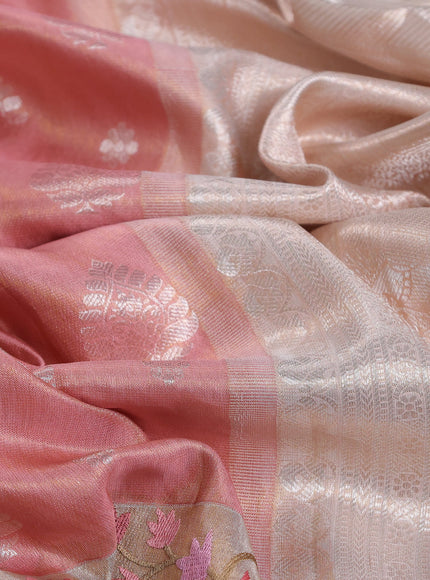 Peach - Cream Pure Kanchipuram Tissue Embroidery Silk Saree