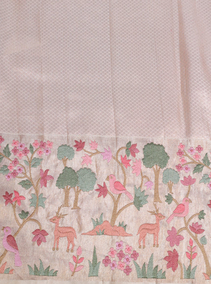 Peach - Cream Pure Kanchipuram Tissue Embroidery Silk Saree