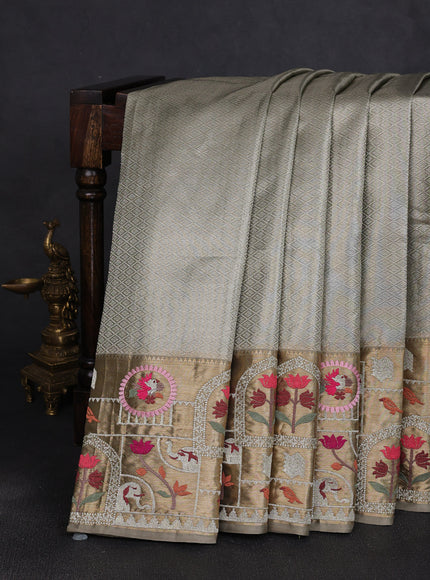 Greyish Green Pure Kanchipuram Tissue Embroidery Silk Saree
