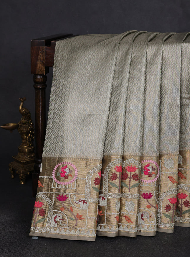 Greyish Green Pure Kanchipuram Tissue Embroidery Silk Saree