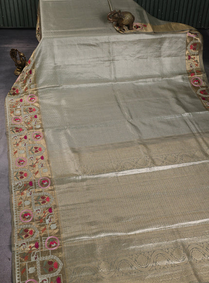 Greyish Green Pure Kanchipuram Tissue Embroidery Silk Saree