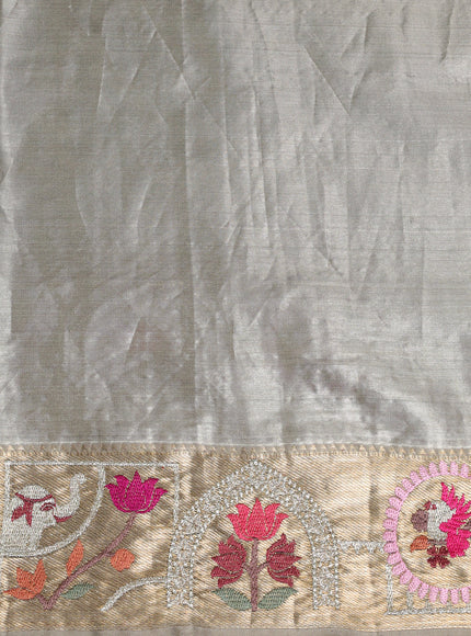 Greyish Green Pure Kanchipuram Tissue Embroidery Silk Saree