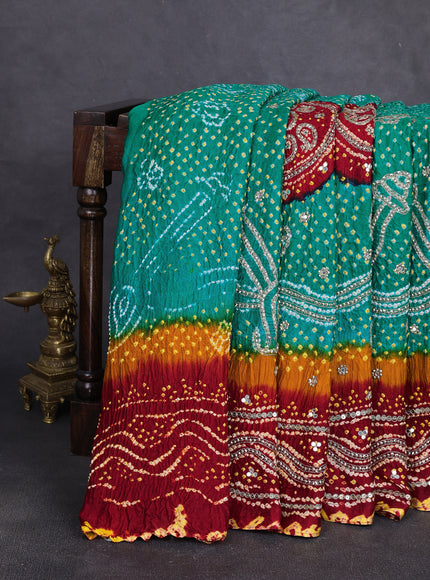 Rama Green - Red Bandhini Gajji Silk Embroidery Saree