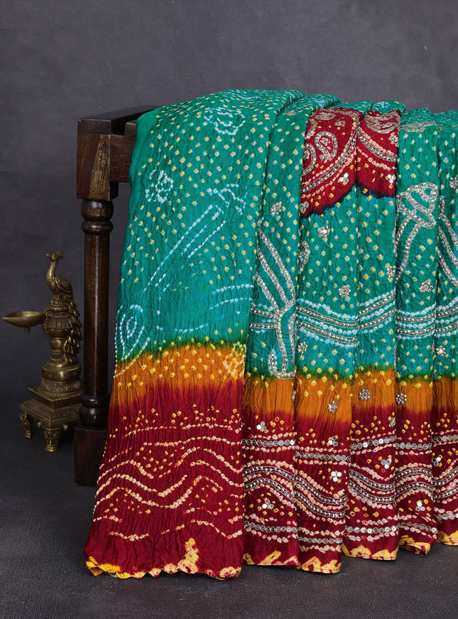Rama Green - Red Bandhini Gajji Silk Embroidery Saree