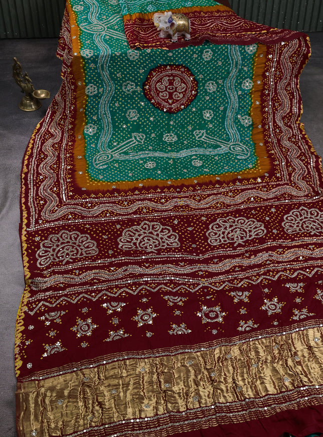 Rama Green - Red Bandhini Gajji Silk Embroidery Saree
