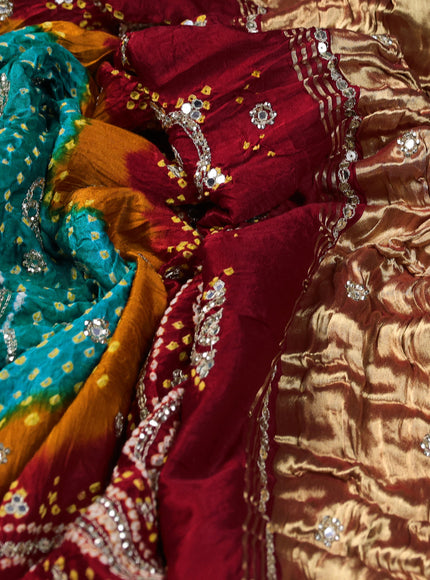 Rama Green - Red Bandhini Gajji Silk Embroidery Saree