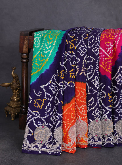 Dark Blue Bandhini Gajji Silk Embroidery Saree