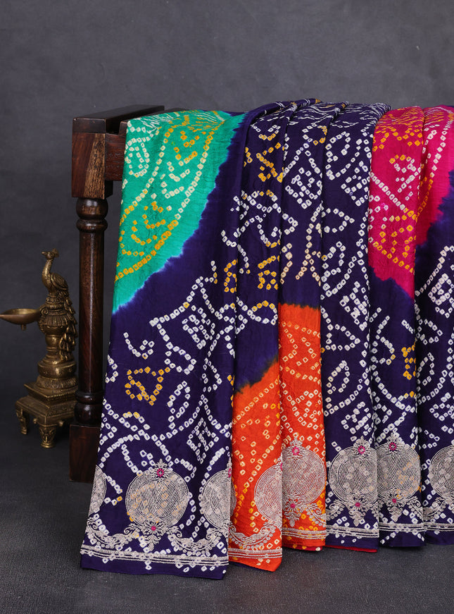 Dark Blue Bandhini Gajji Silk Embroidery Saree