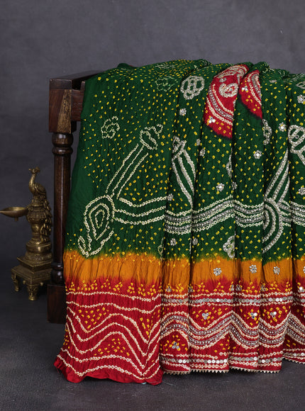Bottle Green - Red Bandhini Gajji Silk Embroidery Saree