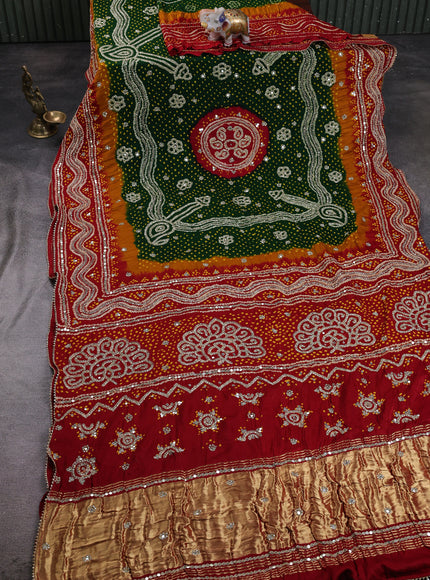Bottle Green - Red Bandhini Gajji Silk Embroidery Saree