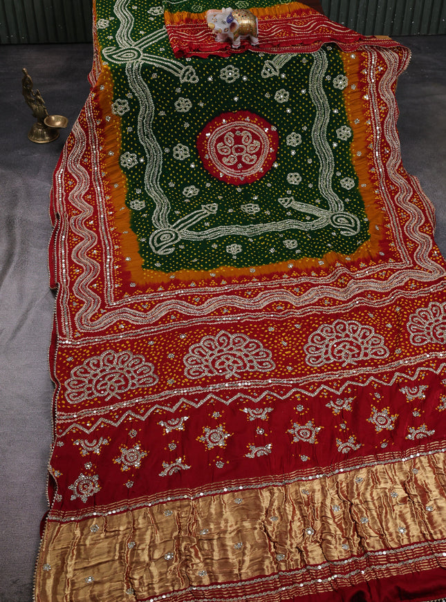 Bottle Green - Red Bandhini Gajji Silk Embroidery Saree