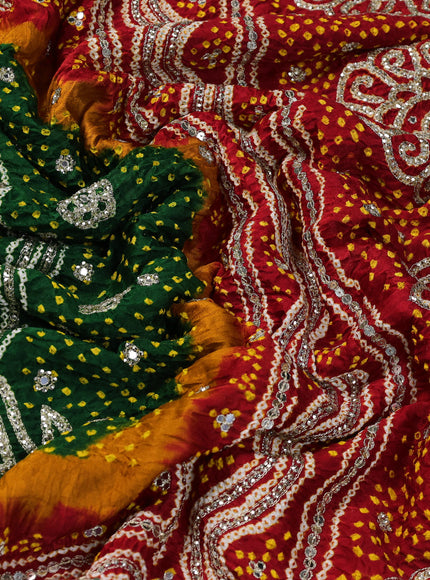 Bottle Green - Red Bandhini Gajji Silk Embroidery Saree