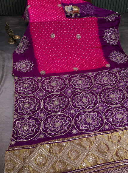 Pink - Purple Bandhini Gajji Silk Embroidery Saree
