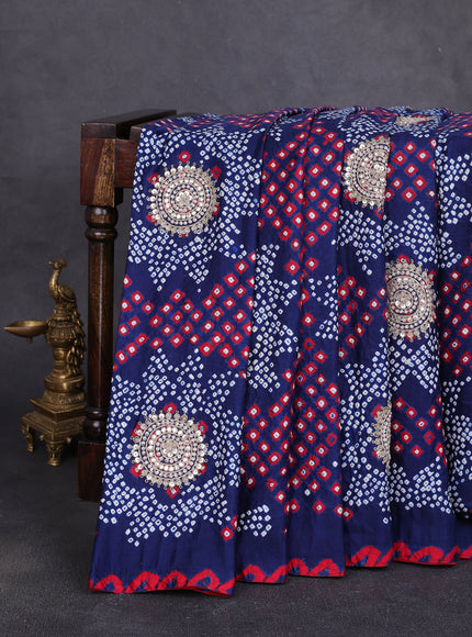 Navy Blue - Red Bandhini Gajji Silk Embroidery Saree