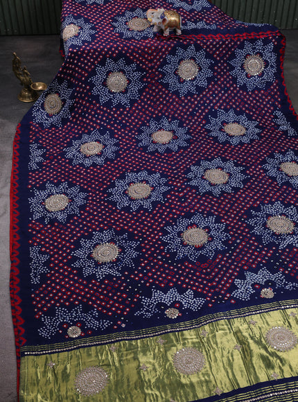 Navy Blue - Red Bandhini Gajji Silk Embroidery Saree
