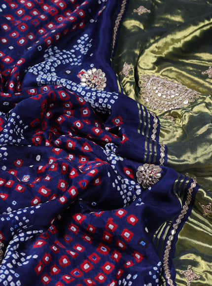 Navy Blue - Red Bandhini Gajji Silk Embroidery Saree