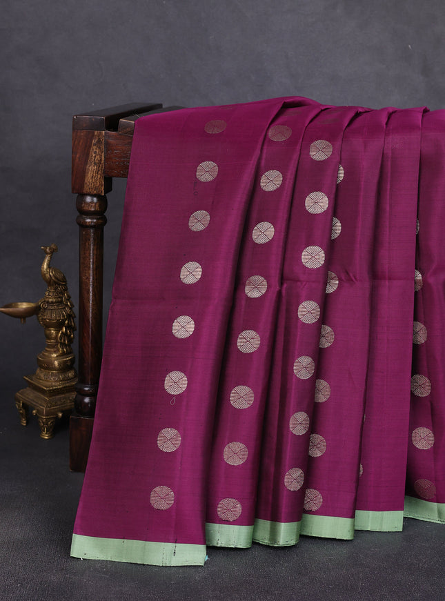 Wine- Pista Green Pure Soft Silk Saree