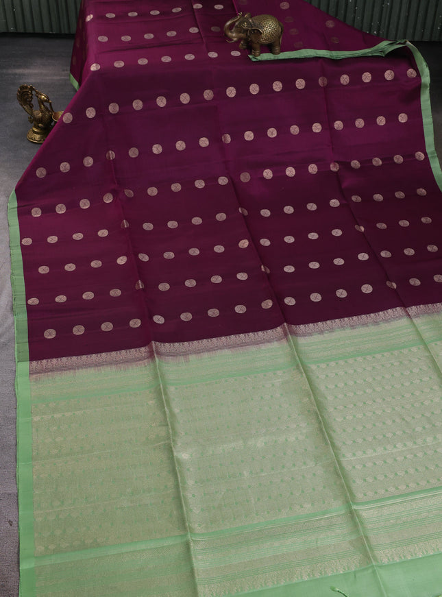 Wine- Pista Green Pure Soft Silk Saree