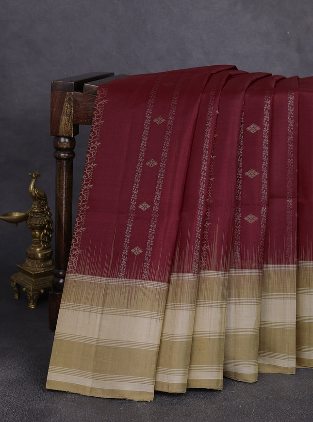 Maroon - Beige Pure Soft Silk Saree