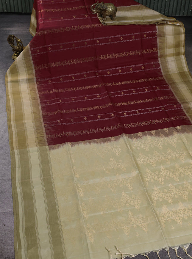 Maroon - Beige Pure Soft Silk Saree
