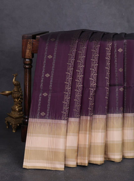 Dark Purple - Beige Pure Soft Silk Saree