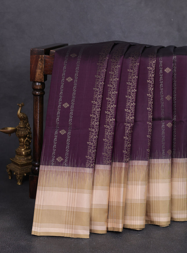 Dark Purple - Beige Pure Soft Silk Saree