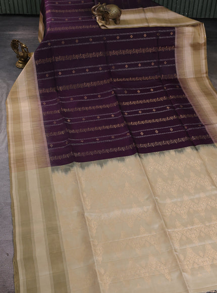 Dark Purple - Beige Pure Soft Silk Saree